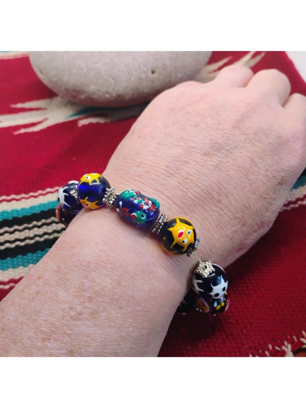 Handmade Lampwork Glass Bead Bracelet Cobalt Blue Yellow OOAK - Picture 4 of 9